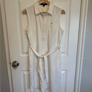Tommy Hilfiger White Sleeveless Tie Collared Midi Dress 100%